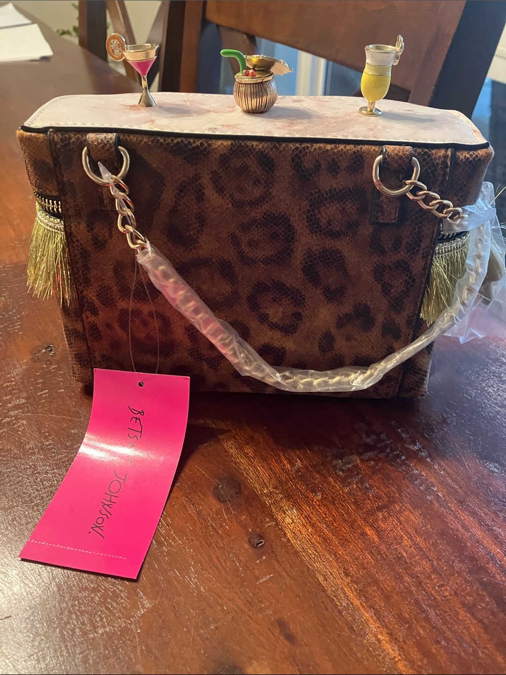 Betsey Johnson Brown Leopard Box Clutch with Cocktail Charms - Picture 2 of 3